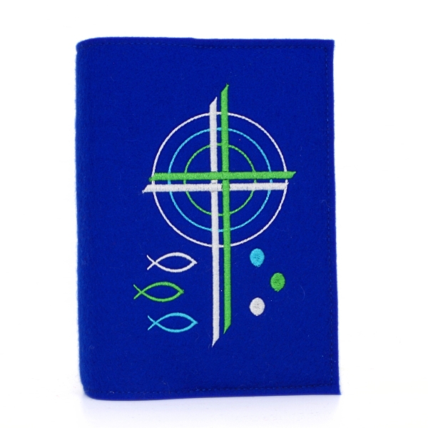 Wosadnikhülle, Gotteslobhülle in Royalblau, Kreuze, Kreise, Fische
