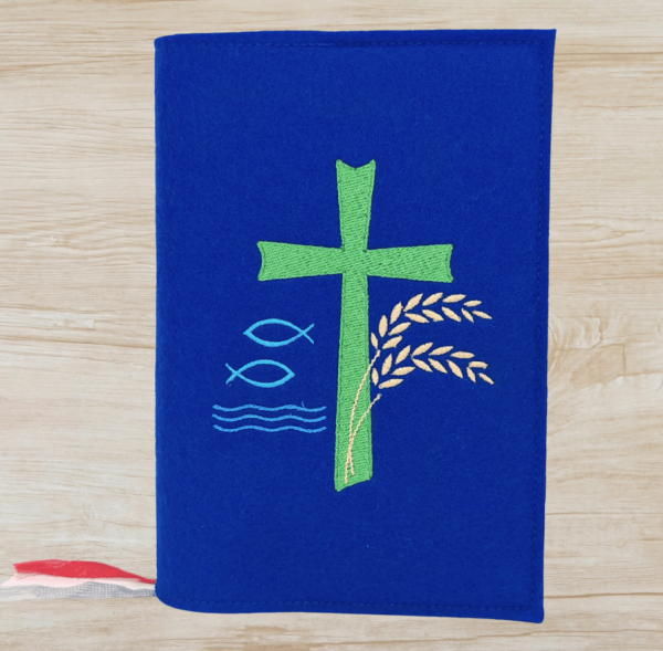 Gotteslobhülle in royalblau, Kreuz, Weizen, Fische