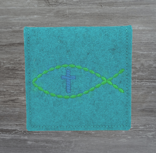 Rosenkranztasche in lagune meliert, Fisch, Kreuz