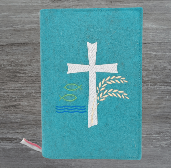 Gotteslobhülle in lagune meliert, Kreuz, Weizen, Fisch