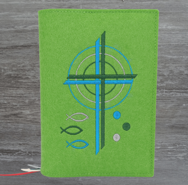 Wosadnikhülle in maigrün, Kreuze, Kreise, Fische