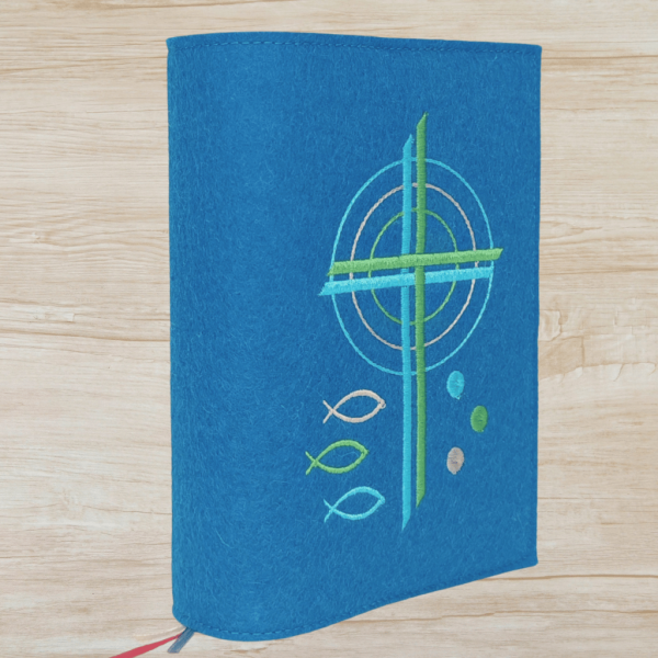 Wosadnikhülle in petrol, Kreuze, Kreise, Fische