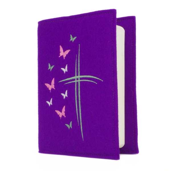 Wosadnikhülle, Gotteslobhülle in Violett, Kreuze, Schmetterlinge