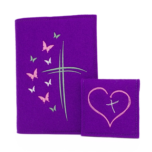 Wosadnikhülle, Gotteslobhülle in Violett, Kreuze, Schmetterlinge