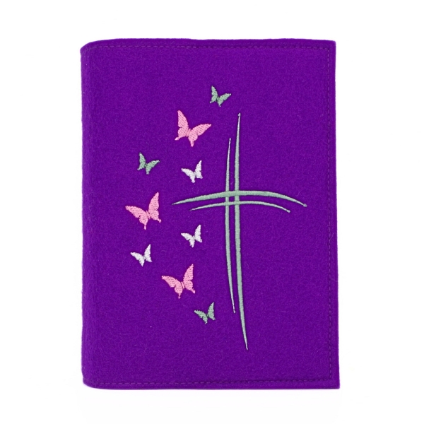 Wosadnikhülle, Gotteslobhülle in Violett, Kreuze, Schmetterlinge