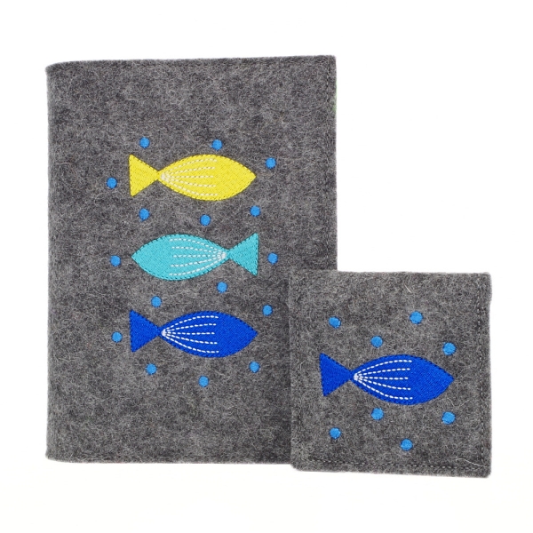 Wosadnikhülle, Gotteslobhülle in Dunkelgrau meliert, Fische, Punkte