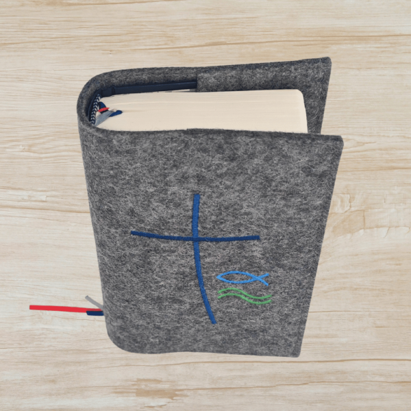 Wosadnikhülle in dunkelgrau meliert, Kreuz, Fisch, Wellen