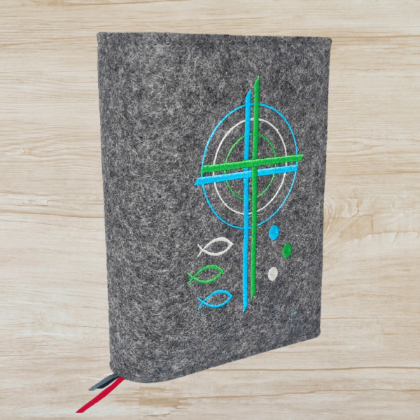 Wosadnikhülle in dunkelgrau meliert, Kreuze, Kreise, Fische