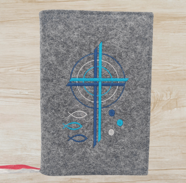 Gotteslobhülle in Dunkelgrau, Kreuze, Kreise, Fische, Punkte