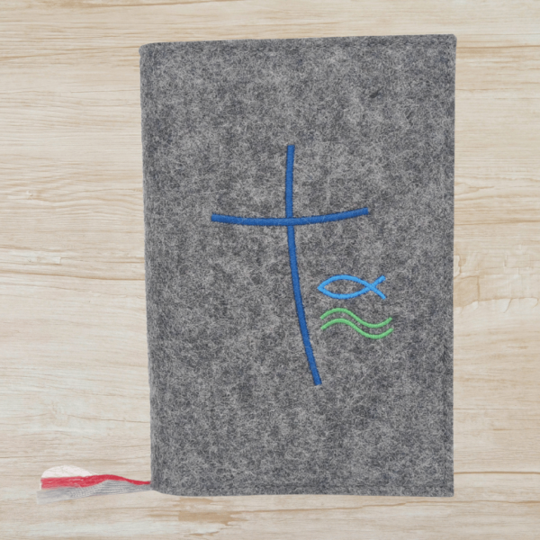 Gotteslobhülle in dunkelgrau meliert, Kreuz, Fisch, Wellen