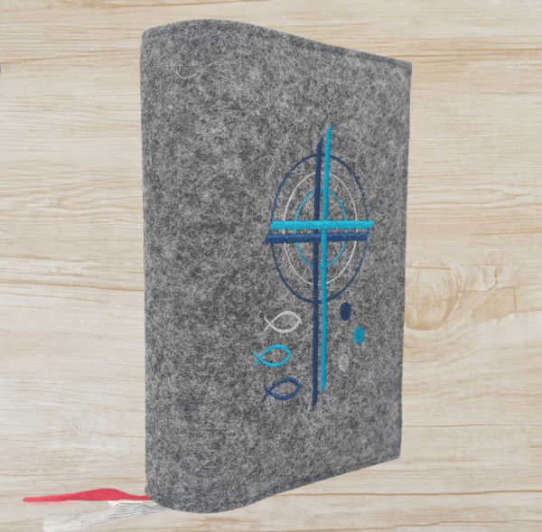 Gotteslobhülle in Dunkelgrau, Kreuze, Kreise, Fische, Punkte