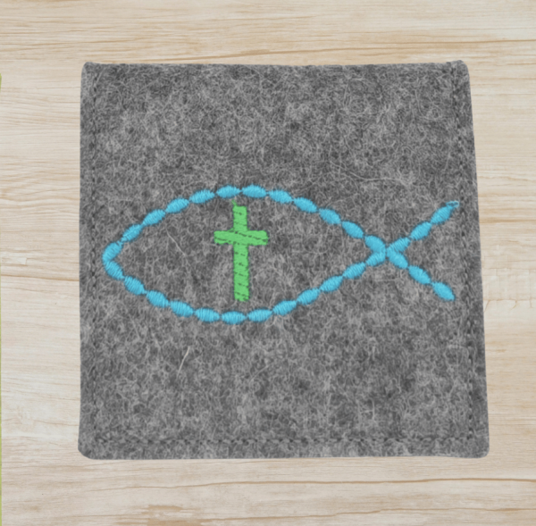 Rosenkranztasche in Dunkelgrau meliert, Fisch, Kreuz