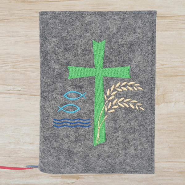 Wosadnikhülle in dunkelgrau meliert, Kreuz, Weizen, Fische