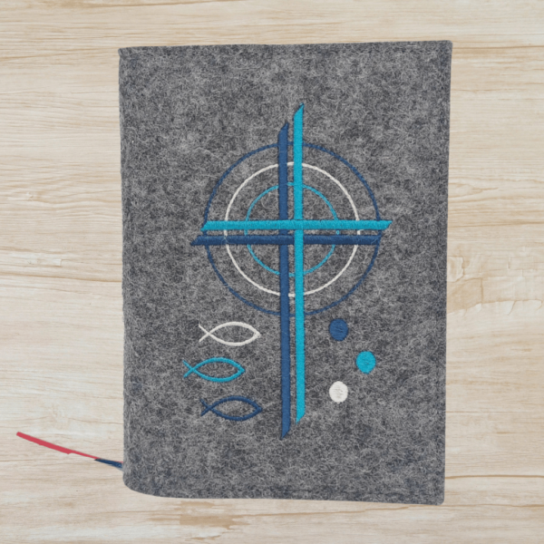 Wosadnikhülle in dunkelgrau meliert, Kreuze, Kreise, Fische