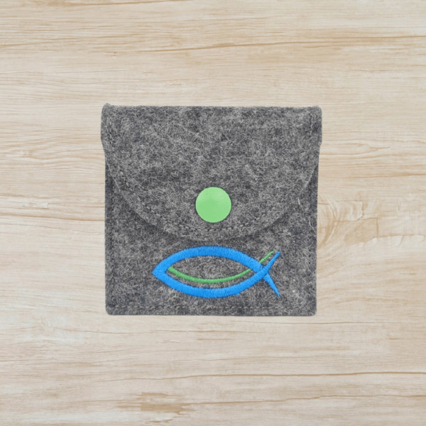 Rosenkranztasche in dunkelgrau meliert, Fisch