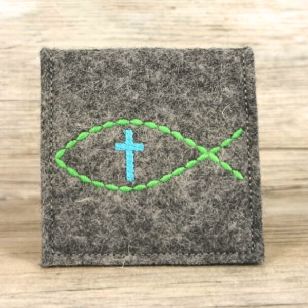 Rosenkranztasche Dunkelgrau meliert, Fisch, Kreuz