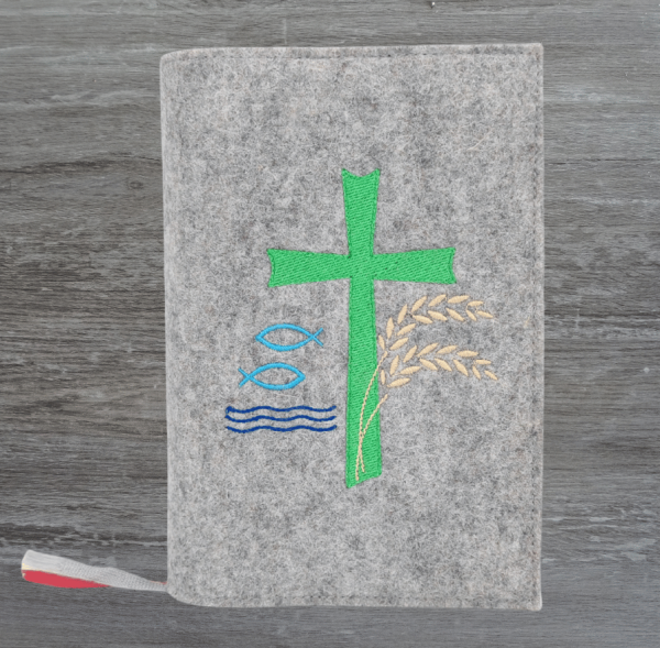 Gotteslobhülle in hellgrau meliert, Kreuz, Fische, Weizen