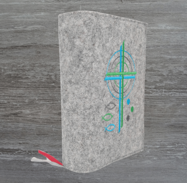 Gotteslobhülle in hellgrau meliert, Kreuze, Kreise, Fische, Punkte