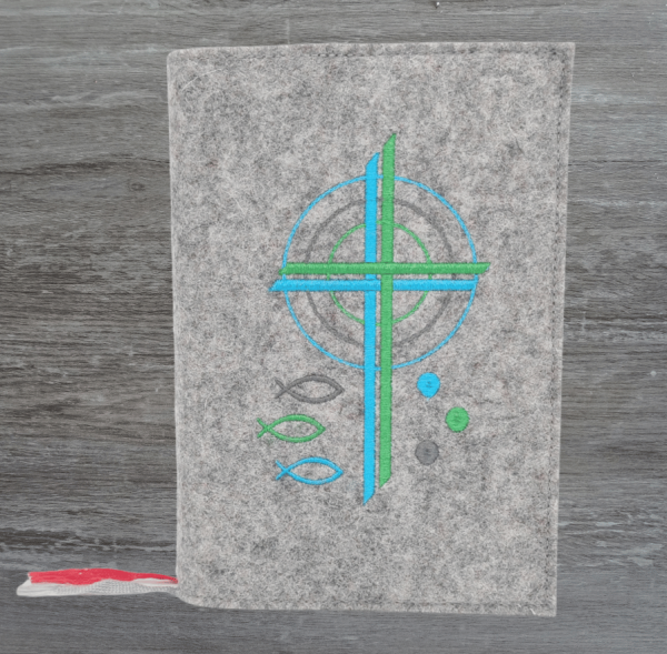 Gotteslobhülle in hellgrau meliert, Kreuze, Kreise, Fische, Punkte