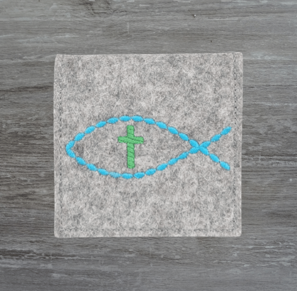 Rosenkranztasche in Hellgrau meliert, Fisch, Kreuz