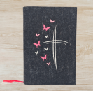 Gotteslobhülle in  anthrazit meliert, Kreuze, Schmetterlinge