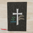 Gotteslobhülle in anthrazit meliert, Kreuz, Fische, Weizen