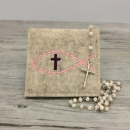 Rosenkranztasche Beige meliert, Fisch, Kreuz