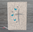 Gotteslobhülle in beige meliert, Kreuze, Schmetterlinge