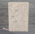 Gotteslobhülle in beige meliert, Kreuze, Schmetterlinge