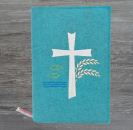 Gotteslobhülle in lagune meliert, Kreuz, Weizen, Fisch