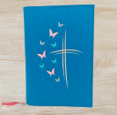 Gotteslobhülle in petrol, Kreuze, Schmetterlinge