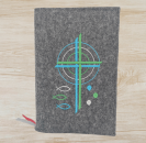 Gotteslobhülle in dunkelgrau meliert, Kreuze, Kreise, Fische, Punkte