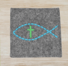 Rosenkranztasche in Dunkelgrau meliert, Fisch, Kreuz