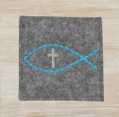 Rosenkranztasche in Dunkelgrau meliert, Fisch, Kreuz