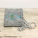 Rosenkranztasche Hellgrau meliert, Fisch, Kreuz