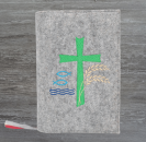 Gotteslobhülle in hellgrau meliert, Kreuz, Fische, Weizen