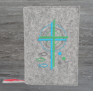 Gotteslobhülle in hellgrau meliert, Kreuze, Kreise, Fische, Punkte