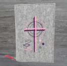 Gotteslobhülle in hellgrau meliert, Kreuze, Kreise, Fische, Punkte
