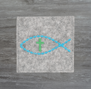 Rosenkranztasche in Hellgrau meliert, Fisch, Kreuz