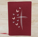 Gotteslobhülle in Kirsch meliert, Kreuze, Schmetterlinge